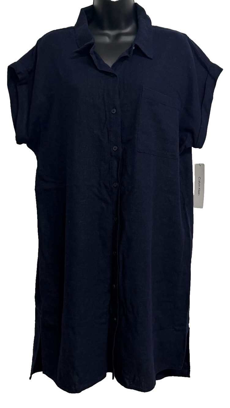 Calvin Klein Short Sleeve Shirt Dress Womens 14 Navy Blue Linen Classic NEW